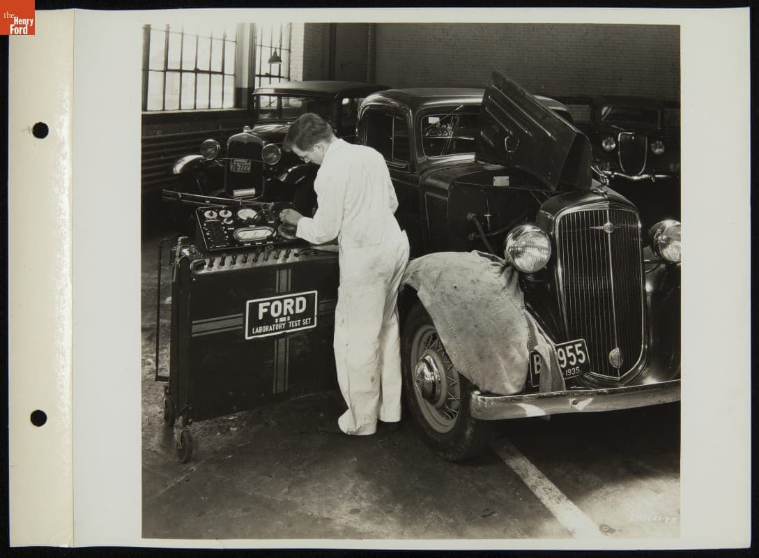 Mechanic Testing Chevrolet Car with Ford Laboratory Test Set, June 1935