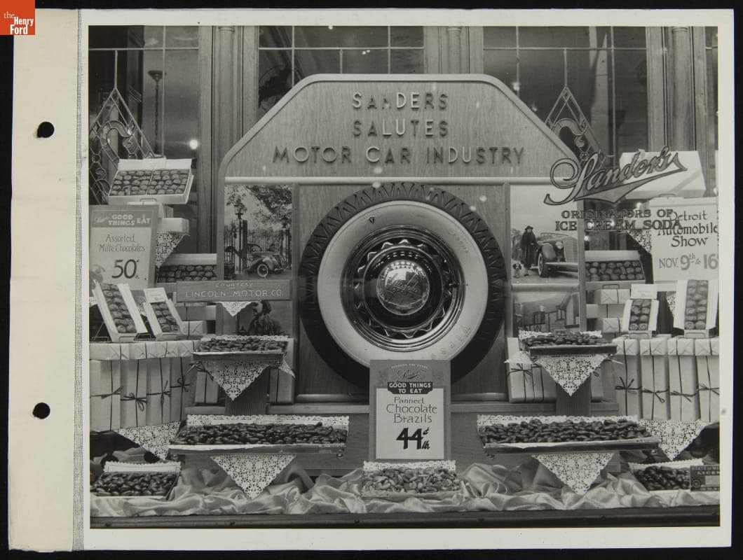 "Sanders Salutes Motor Car Industry" Window Display, Woodward and Michigan Avenue, Detroit, Michigan, November 1935
