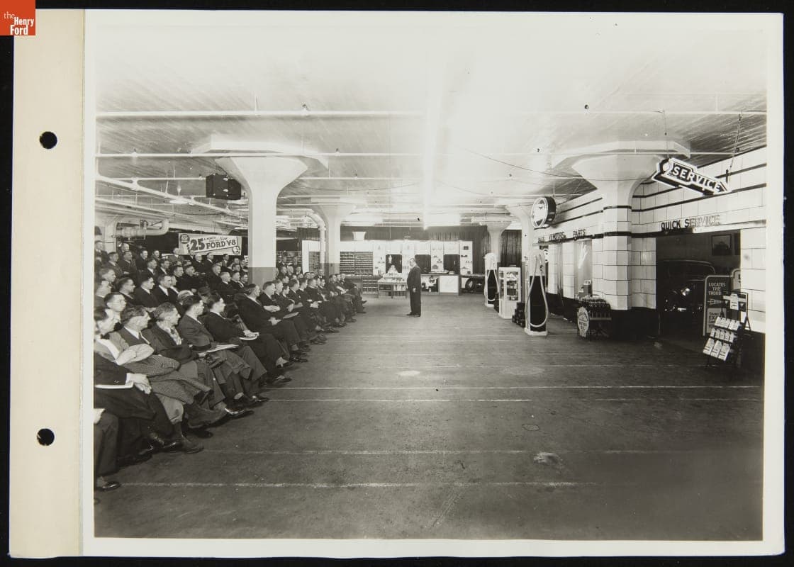 Audience Viewing a Ford Dealership Super Service Station Exhibit, February 1936