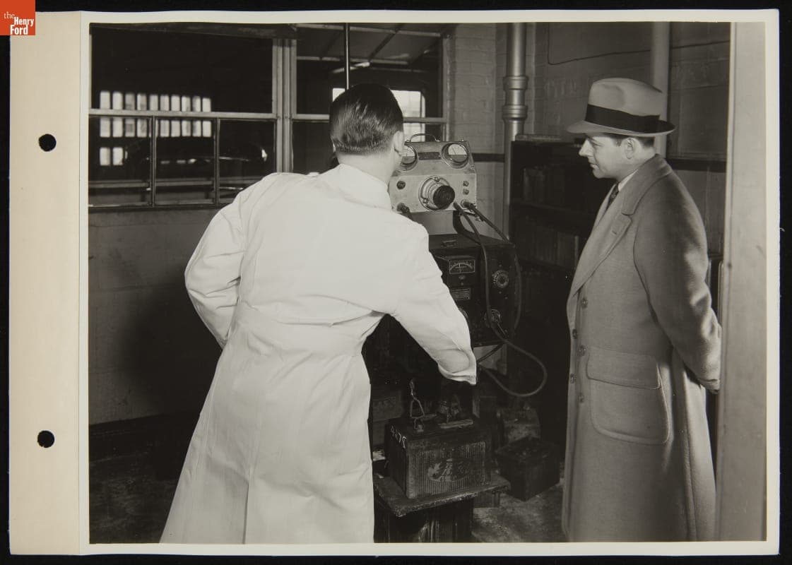 Mechanic Testing Battery at Ford Service Station, April 1936