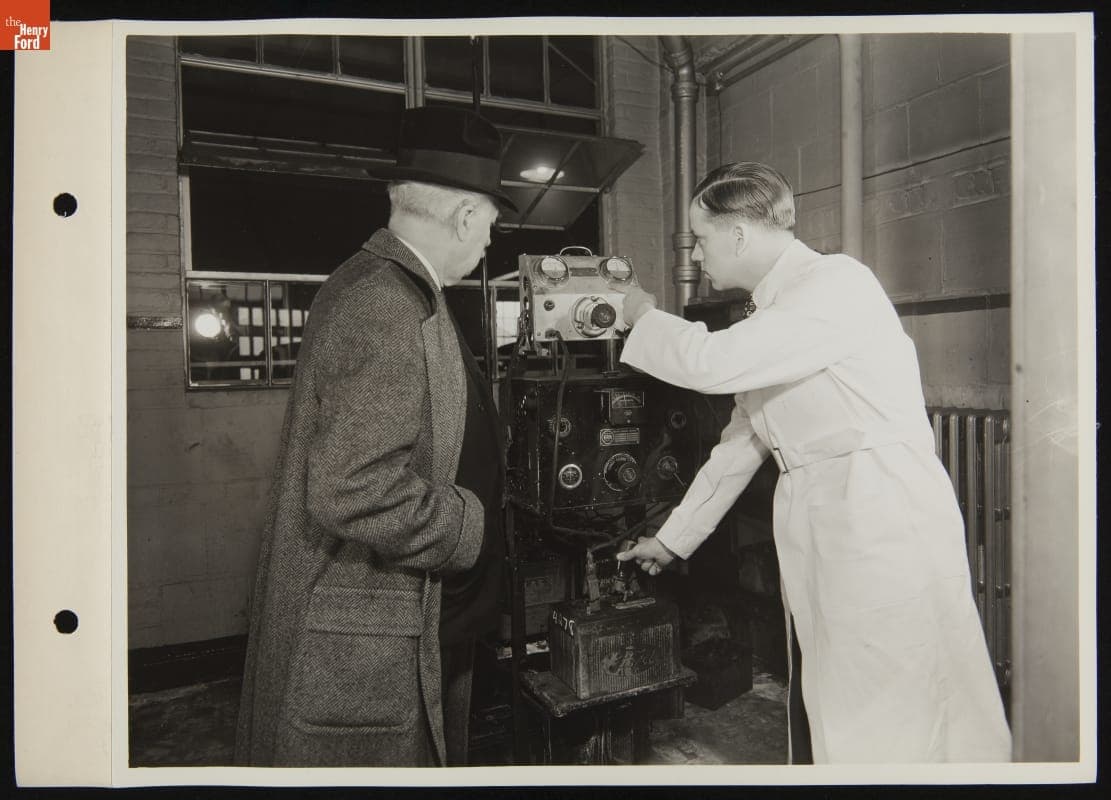 Mechanic Testing Battery at Ford Service Station, April 1936