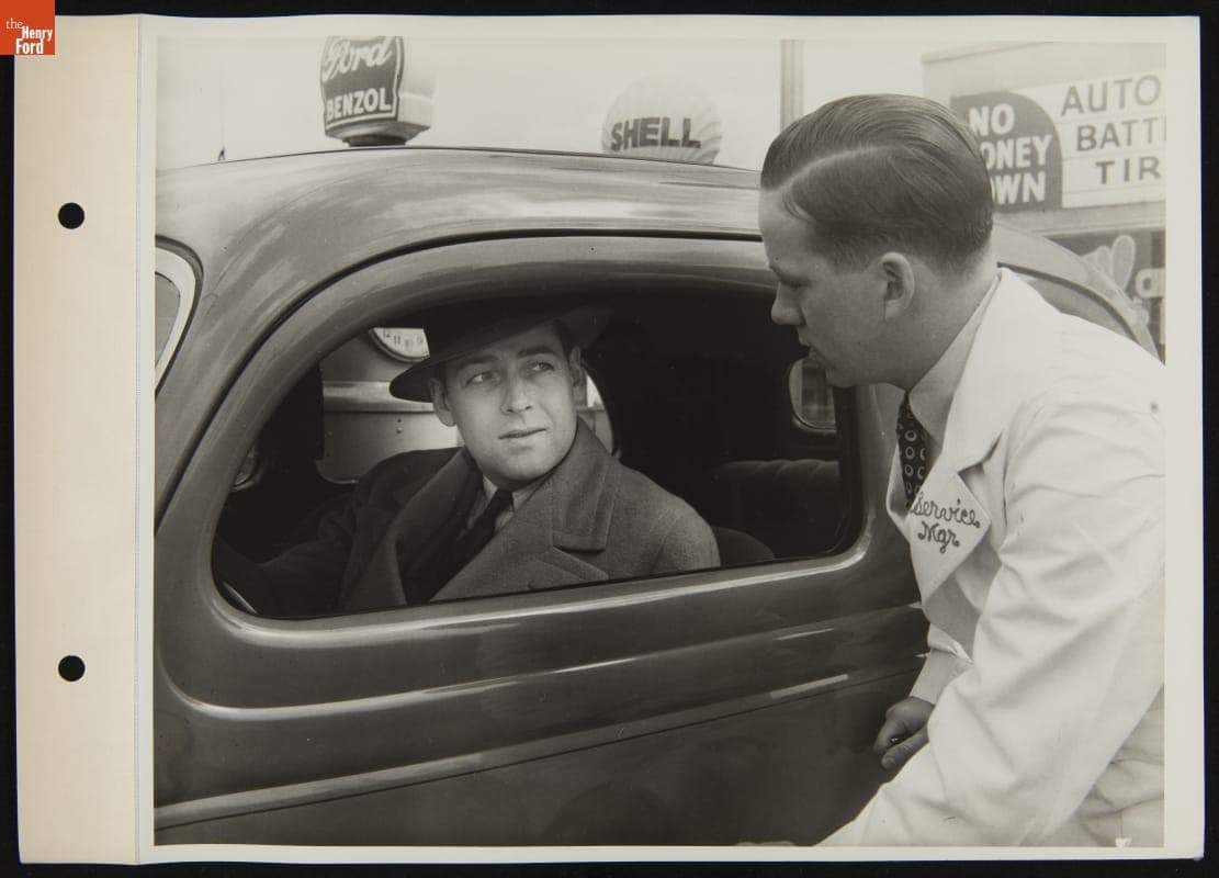 Service Manager Speaking with Man in Car at Ford Super Service Station, April 1936