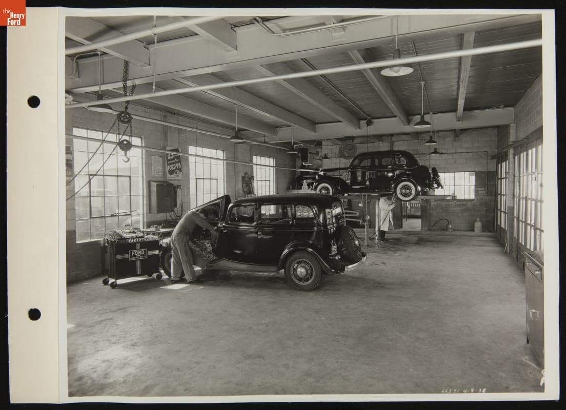 Mechanics Working on Cars at A.J. Huck Super Service Station, 8900 Kercheval, Detroit, Michigan, April 1936
