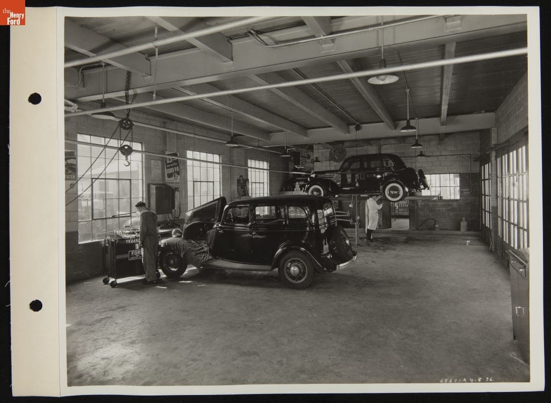 Mechanics Working on Cars at A.J. Huck Super Service Station, 8900 Kercheval, Detroit, Michigan, April 1936