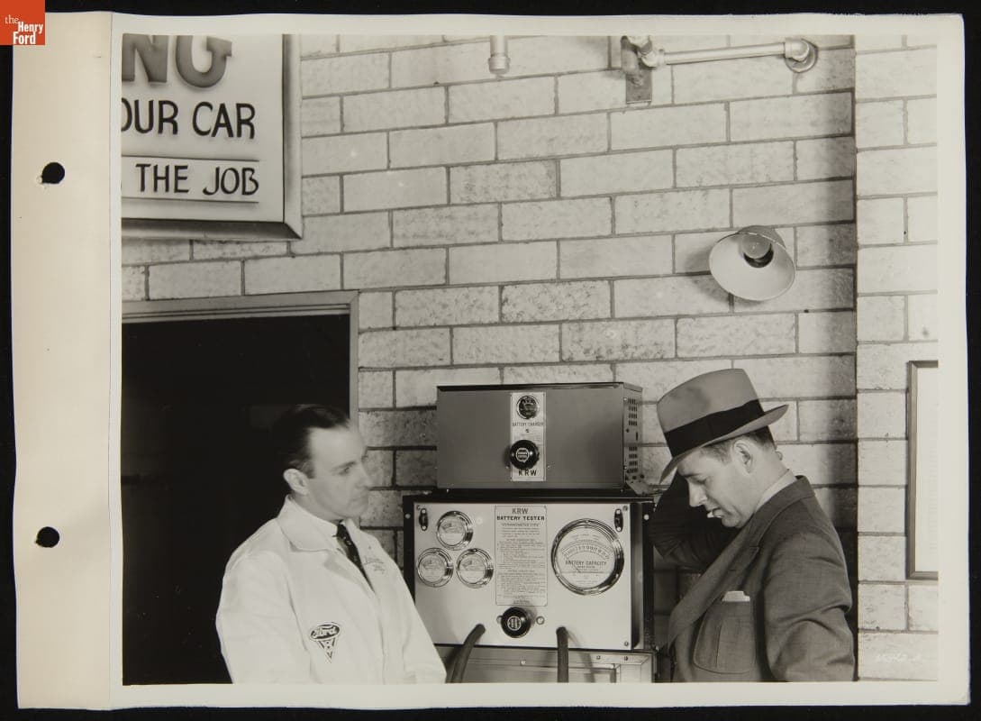 Service Attendant and Customer at K.R. Wilson Battery Tester, April 1946