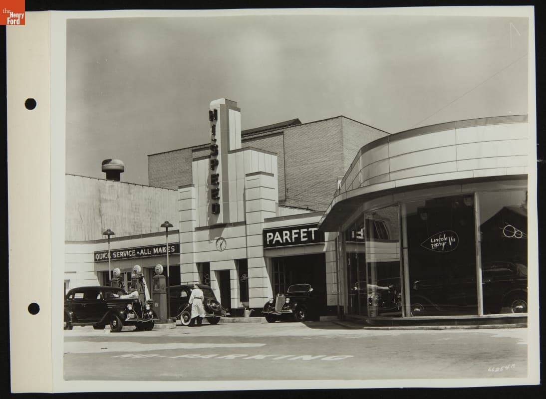 Automobiles Being Serviced at Parfet Super Service Station, Port Huron, Michigan, 1936