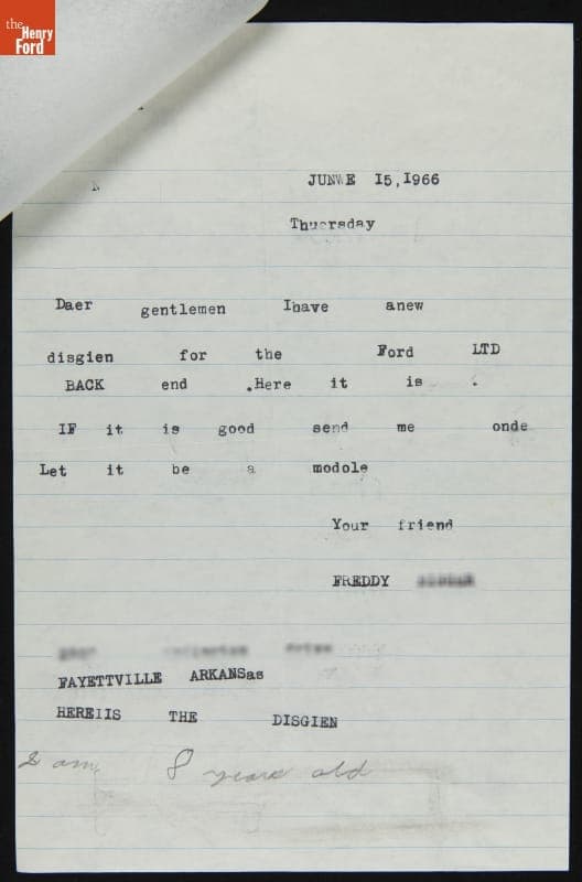 Drawing of a New Design for the Ford LTD, Sent to Ford Motor Company by Freddy, Age 8, June 1966