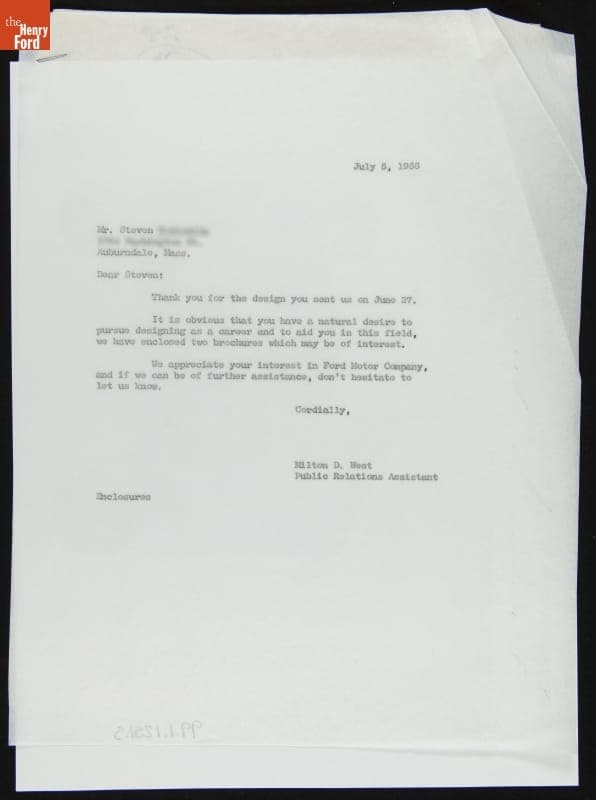 Response from Ford Motor Company Public Relations to Steven, Age 10, 1966