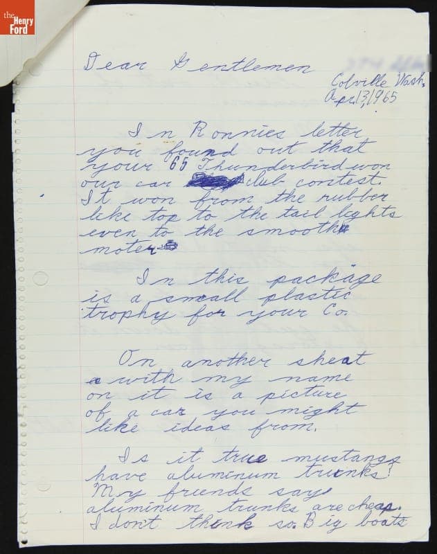 Letter and Design Drawing Sent to Ford Motor Company from Car Enthusiast Scotty, April 1965