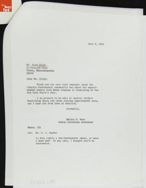 Letter from Ford Public Relations Assistant Milton West to Car Enthusiast Alan, Age 12, June 9, 1965