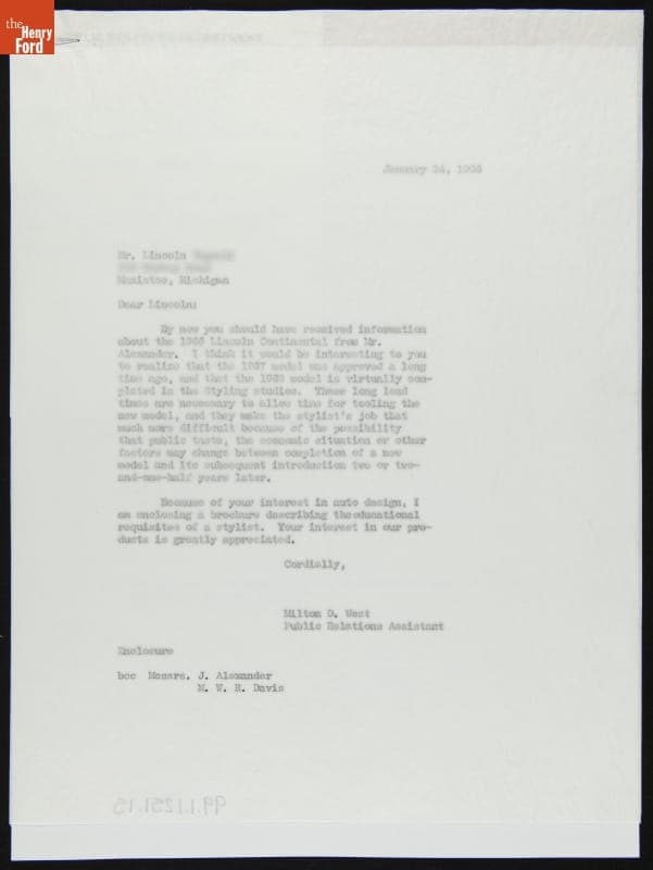 Letter from Ford Public Relations Explaining the Automotive Design Process to Lincoln, Age 14, January 24, 1966