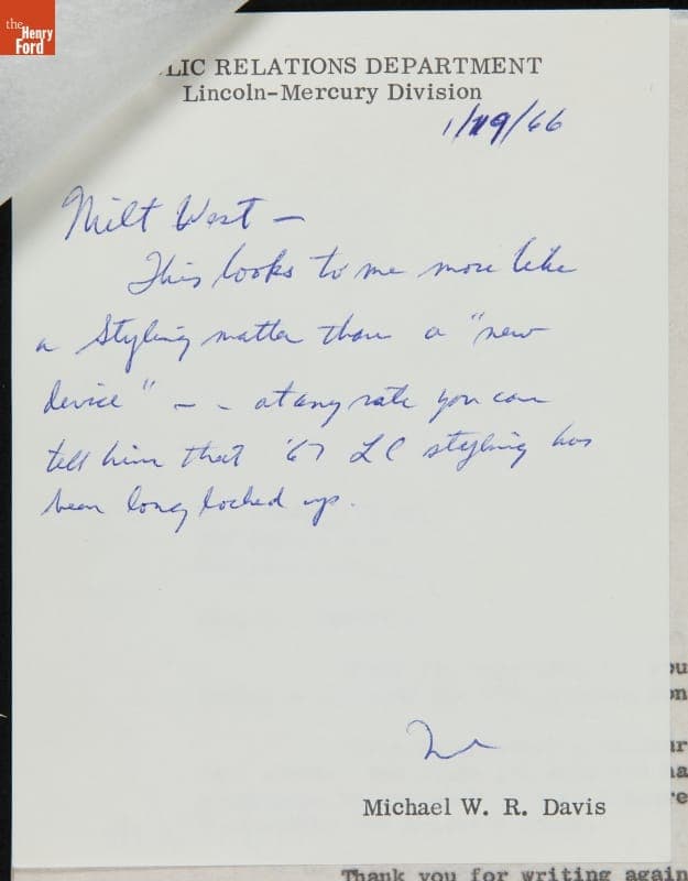 Ford Public Relations Memo regarding Letter from Lincoln, Age 14, January 19, 1966
