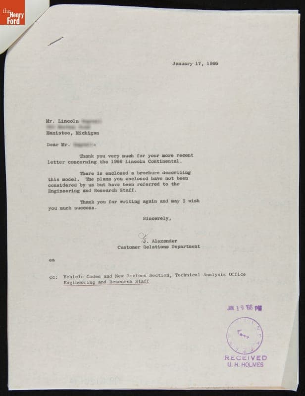 Response from J. Alexander, Ford Customer Relations, to Lincoln, Age 14, January 17, 1966
