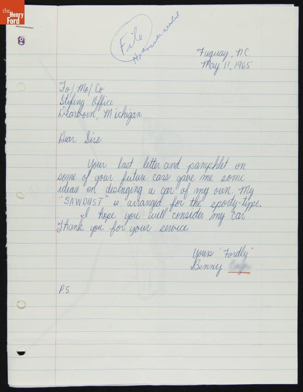 Letter and Auto Design Drawing from Car Enthusiast Benny to Ford Motor Company Styling Office, May 11, 1965