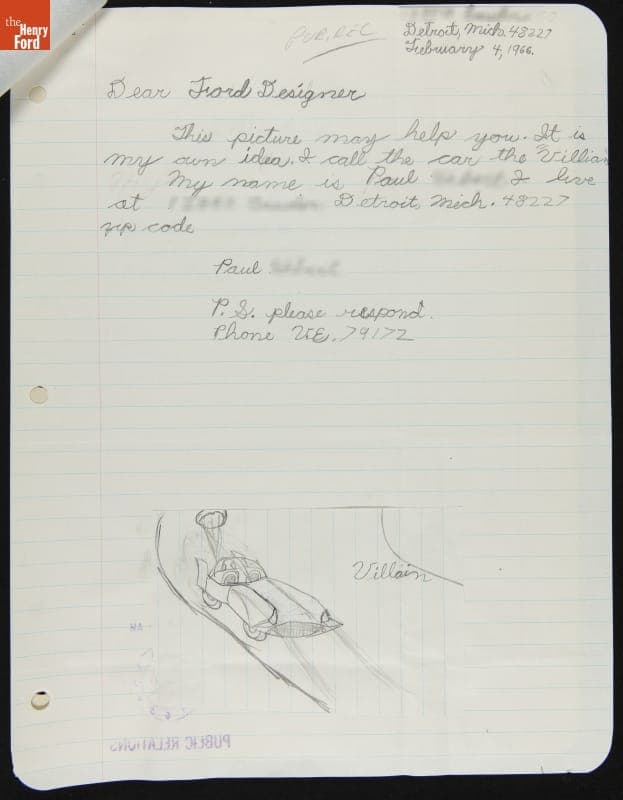 Letter and Design Drawings from Car Enthusiast Paul to Ford Motor Company Styling, 1966