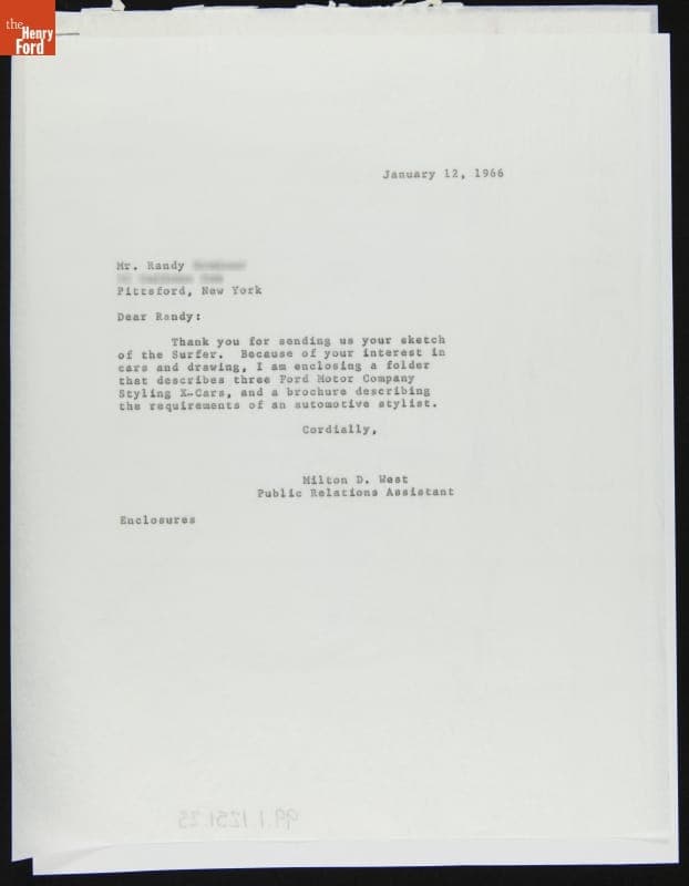 Response from Ford Public Relations Assistant Milton West to Randy, Age 11, 1966