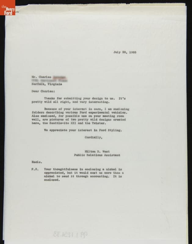 Response from Ford Public Relations Assistant Milton West to Charles, Age 11, 1965