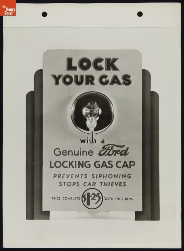 Ford Dealership Counter Display, "Lock Your Gas with a Genuine Ford Locking Gas Cap," January 1937