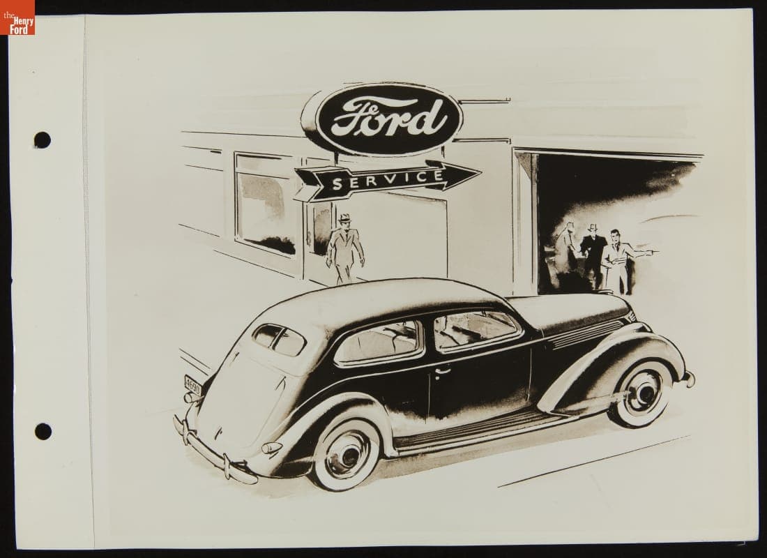 Drawing of Ford V-8 Car Entering Ford Service Garage, Produced for Direct Mail, January 1937