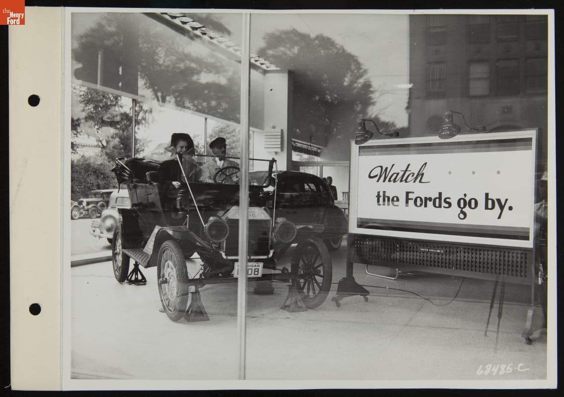 "Watch the Fords Go By" Window Display at Rowley & Zimmerman Ford Dealership, Detroit, Michigan, July 1937