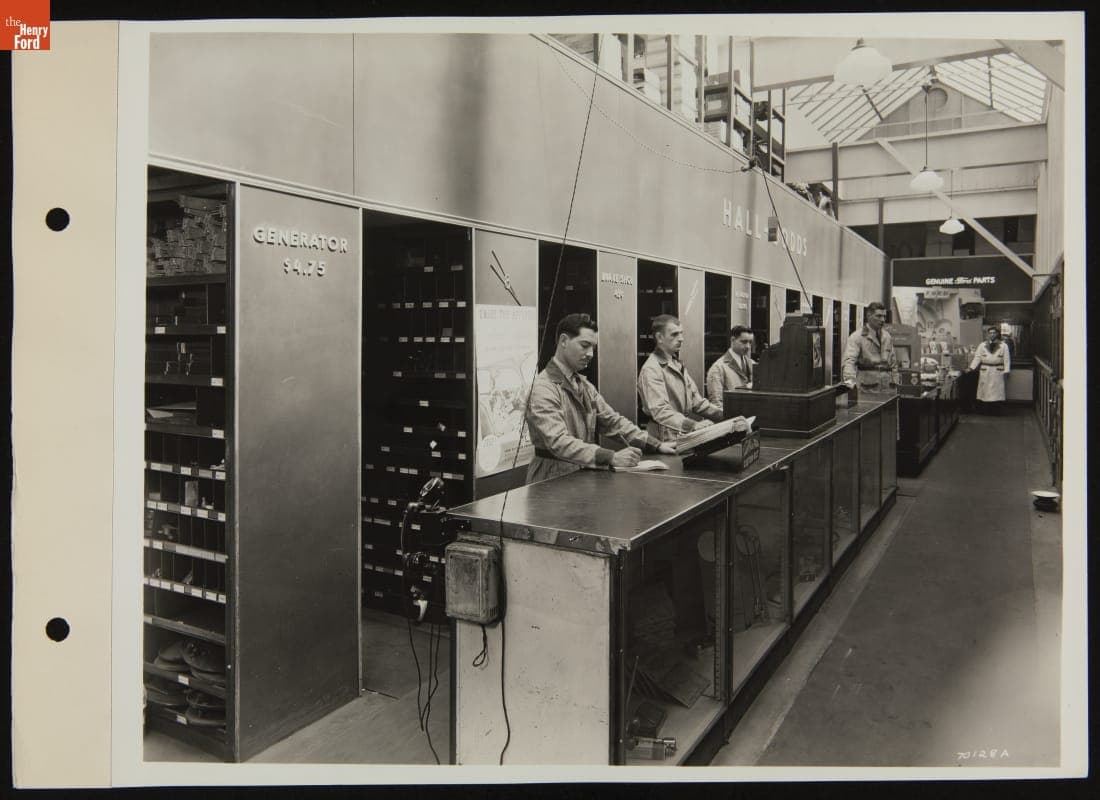 Attendants at Service Counter, Hall-Dodds Dealership, Grand River Avenue, Detroit, Michigan, April 1938
