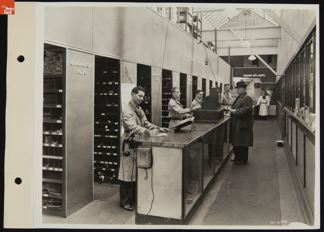 Attendants at Service Counter, Hall-Dodds Dealership, Grand River Avenue, Detroit, Michigan, April 1938
