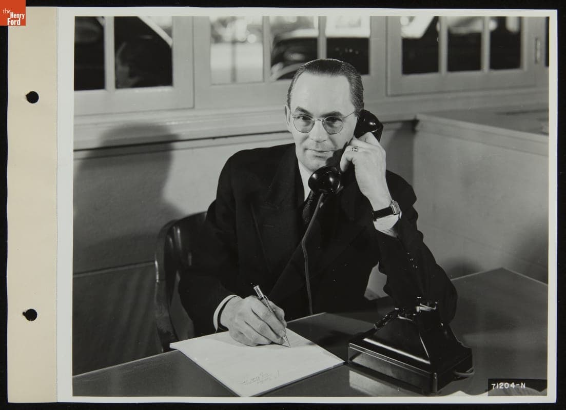 Attendant Answers the Phone, Robert W. Ford Dealership, Michigan Avenue, Dearborn, Michigan, December 1938