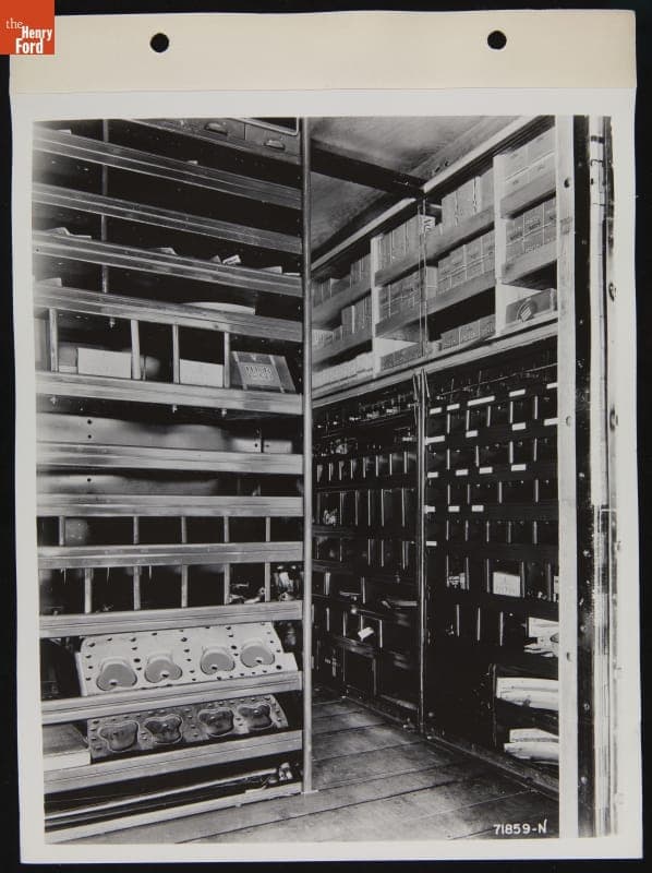 Service Station Parts Stockroom, Illustration in May 1939 Ford Merchandising Bulletin