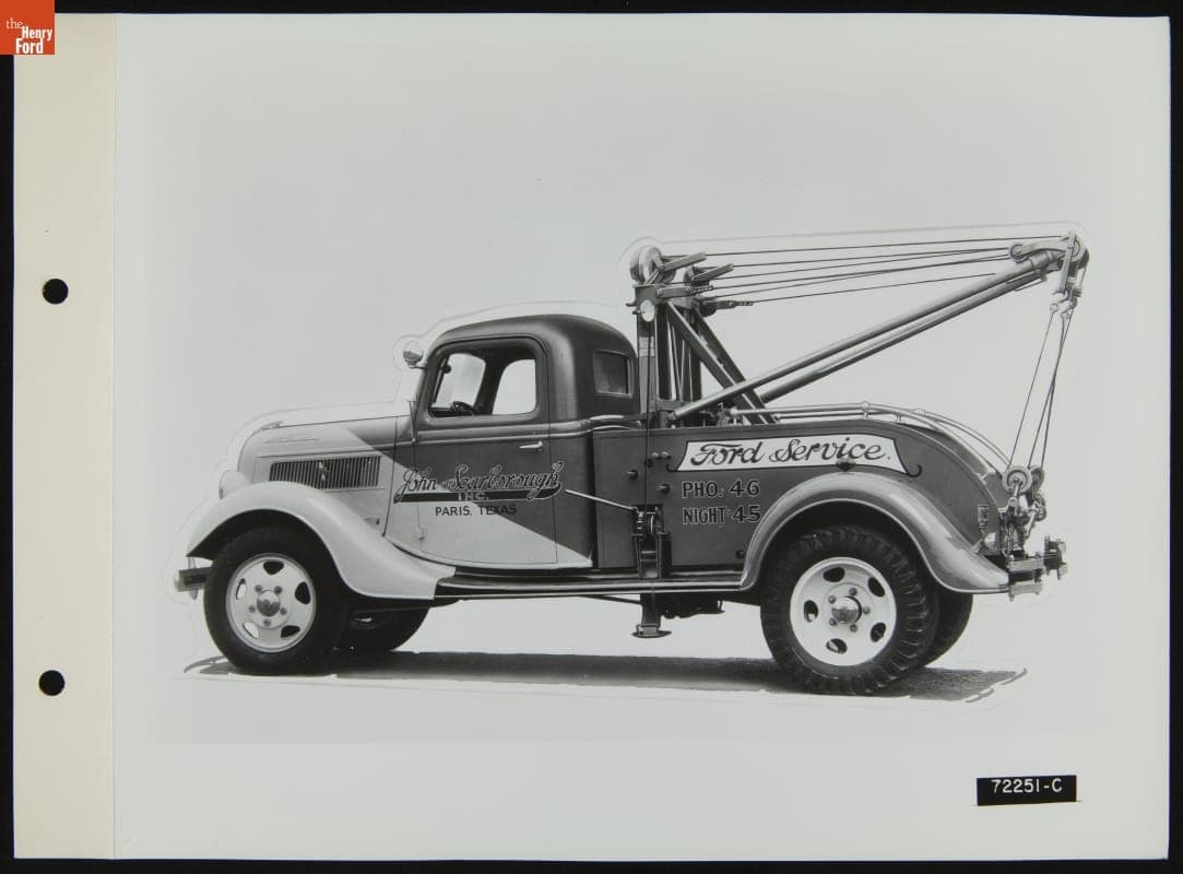 John Scarborough Inc. Tow Truck, Paris, Texas, Illustration in the August 1939 Ford Merchandising Bulletin