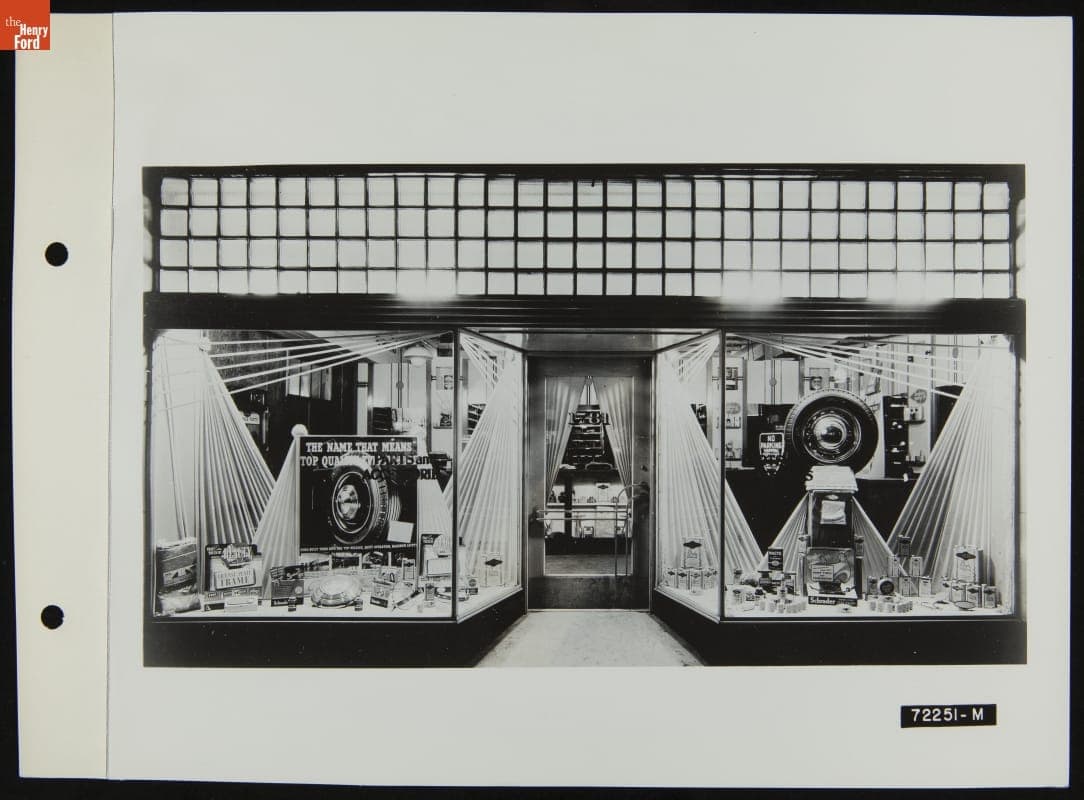 Ford Accessories Dealership Window Display, Illustration in the August 1939 Ford Merchandising Bulletin