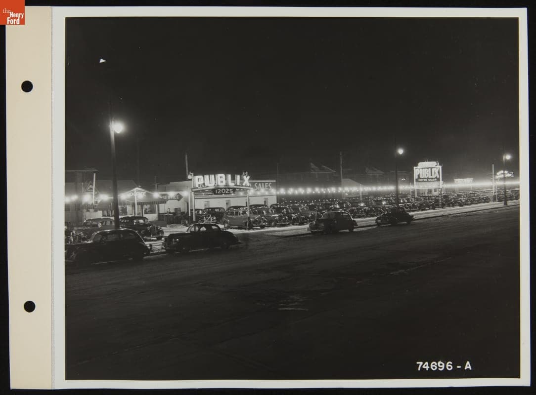 Night View of Publix Motor Sales, Used Car Lot, December 1940