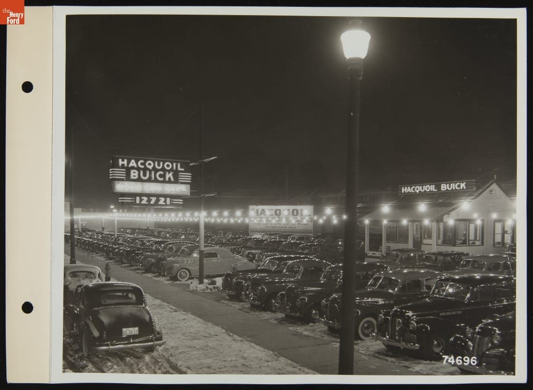 Night View of Hacquoil Buick, Used Car Lot, 8911 Grand River Avenue, Detroit, Michigan, December 1940