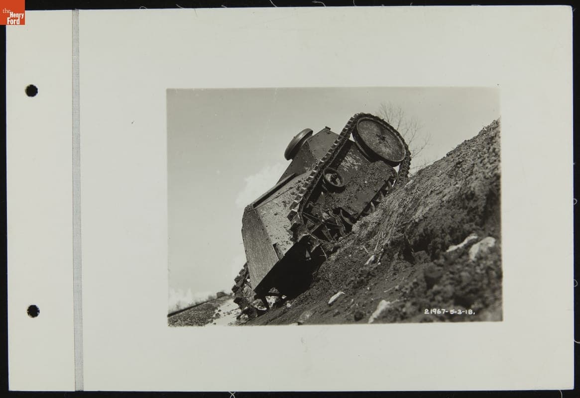 First Ford Tank Being Tested on Muddy Embankment, May 1918
