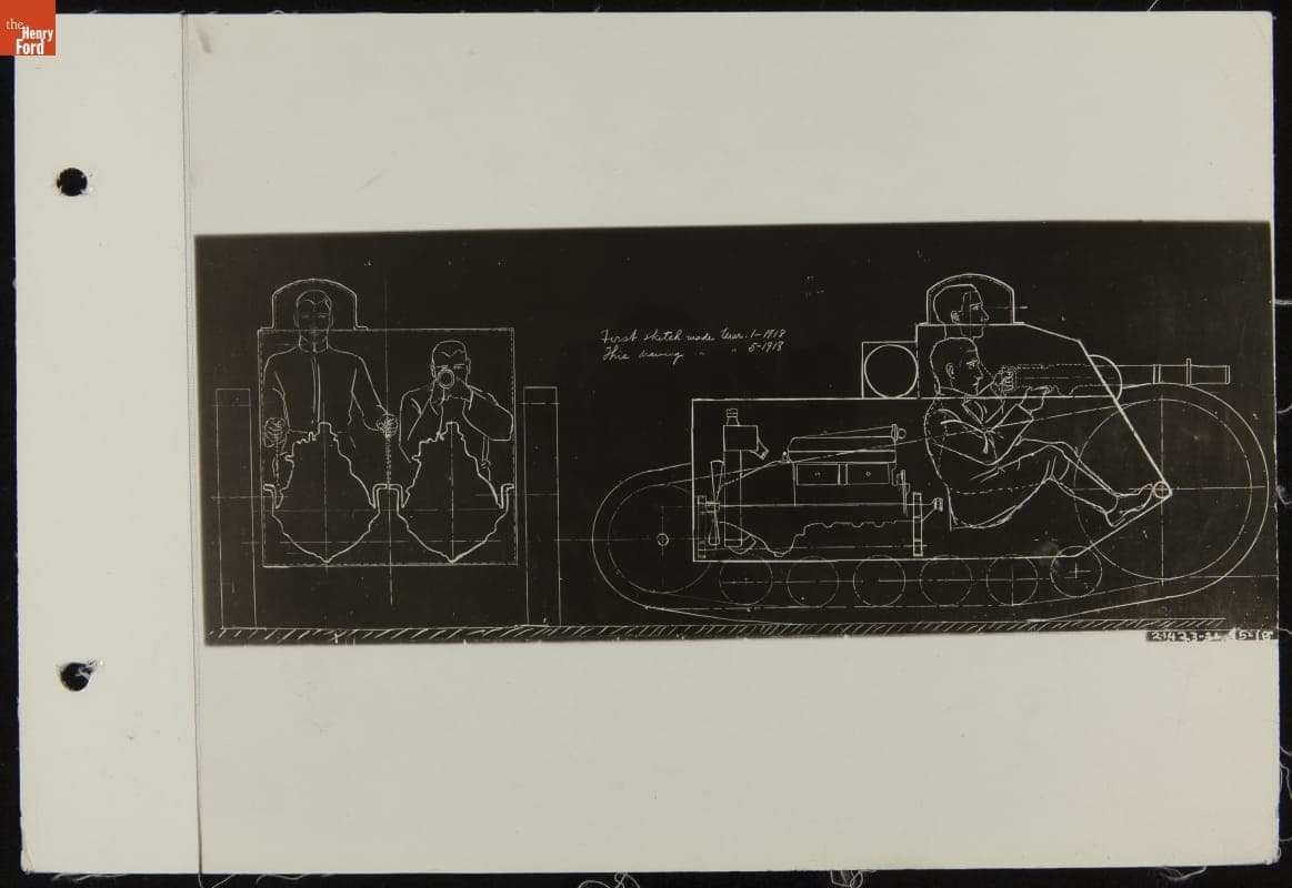 Blackboard Drawing Showing Seated Figures in a Ford Tank, March 1918