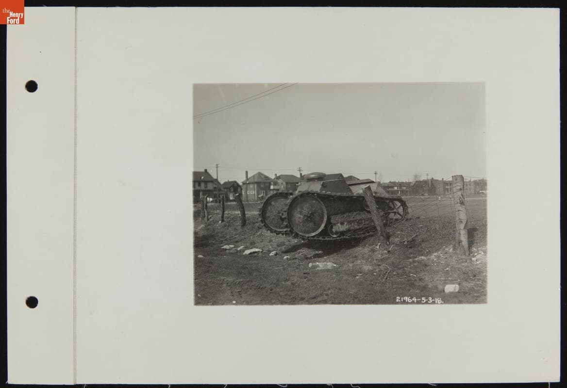 First Ford Tank Being Tested on Barbed Wire Fence, May 1918
