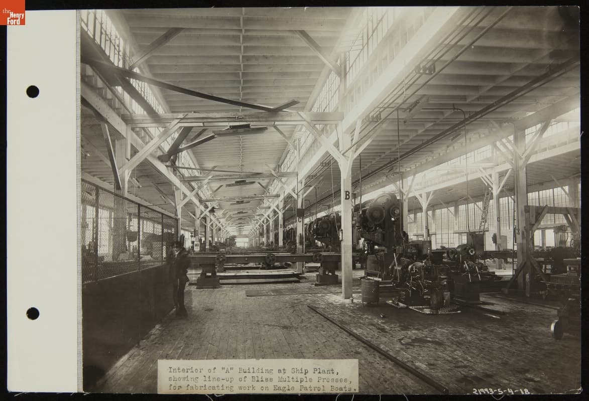 Interior of "A" Building at Ship Plant Showing Presses for Fabrication Work on Eagle Boats, May 1918