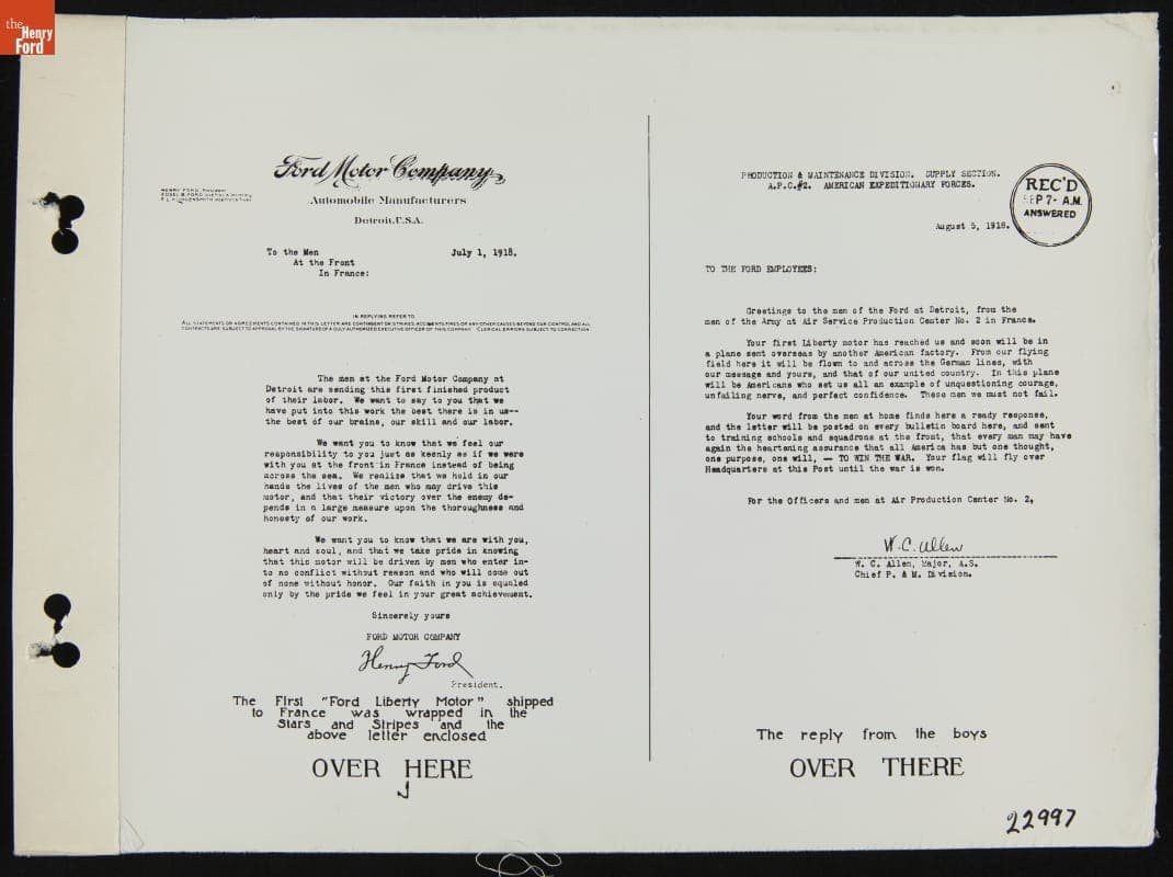 Correspondence between Ford Motor Company and U.S. Army regarding the "First Ford Liberty Motor" Shipped Overseas, 1918