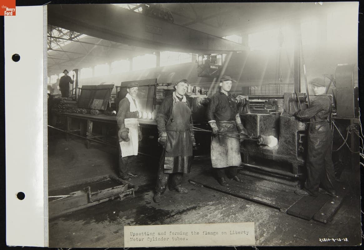 Ford Motor Company Workers Upsetting and Forming the Flanges on Liberty Motor Cylinder Tubes, April 1918