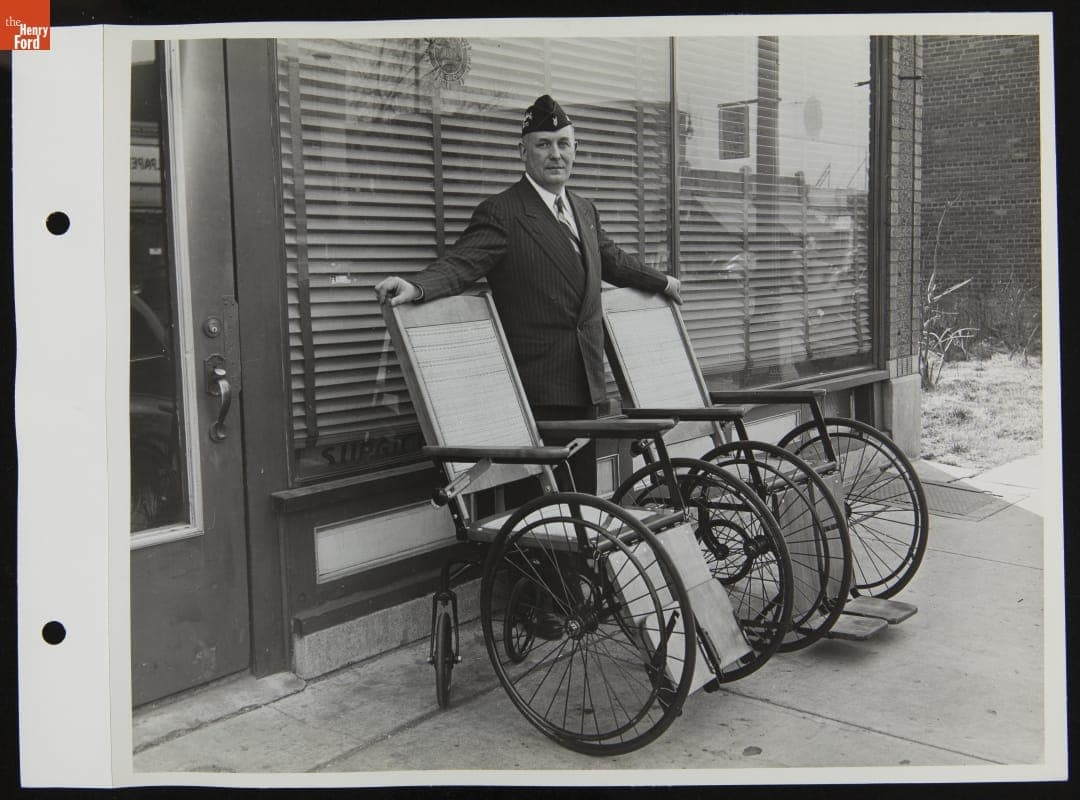 American Legion Employee with Wheelchairs Purchased for Percy Jones Veterans Hospital with Muster Out Pay, March 1944