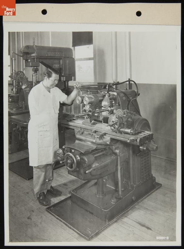 Disabled Veteran Operating Machinery at Camp Legion Vocational School, July 1945