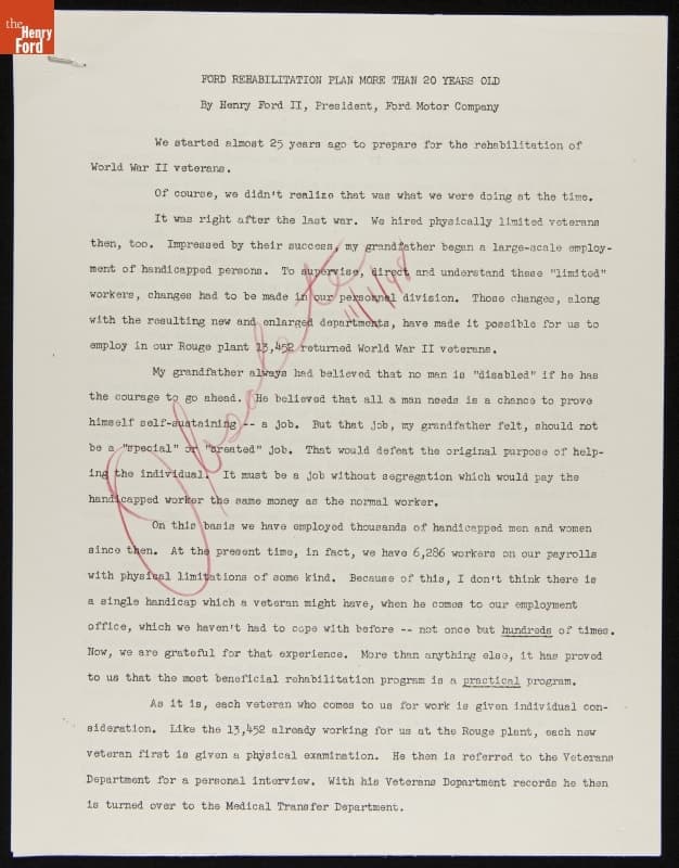 "Ford Rehabilitation Plan More than 25 Years Old," Ford Press Release, July 1946