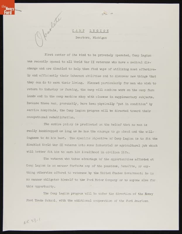 Camp Legion Opened to Give Occupational Rehabilitation to Disabled Veterans, Ford Press Release, 1944