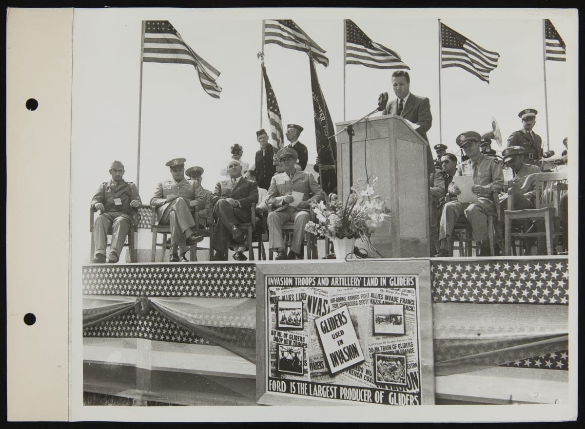 Henry Ford II Accepting the Army-Navy "E" Award for Glider Production at the Ford Iron Mountiain Plant, June 21, 1944