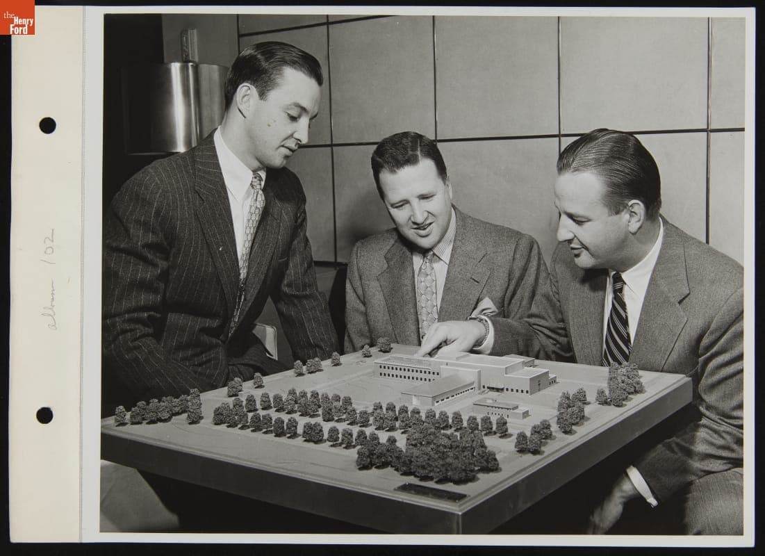William Clay Ford, Henry Ford II, and Benson Ford Viewing Model of Dynamometer Building, December 1949