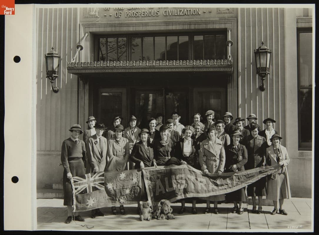Australian and Detroit Women's Hockey Team at the Ford Rouge Plant Administration Building, October 1936