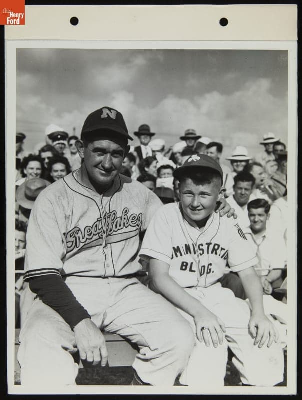 Great Lakes Navy Baseball Team Manager Mickey Cochrane with Ford Administration Team Bat Boy, July 1943