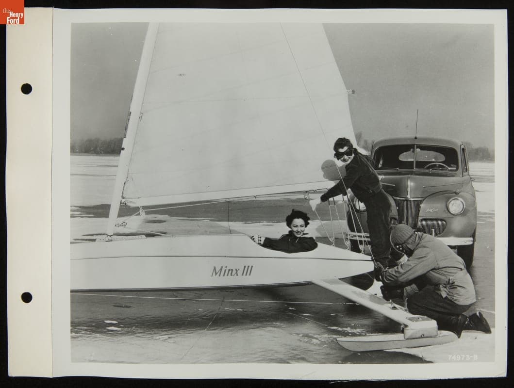 Models with Ice Boat and Ford Super Deluxe Fordor in Publicity Photo, February 1941