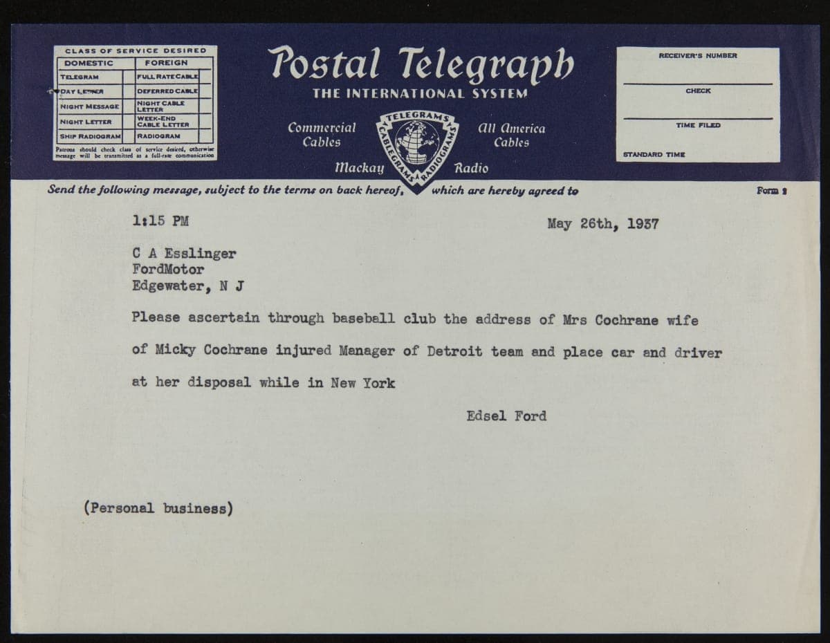 Telegram from Edsel Ford to Clarence Essinger regarding Mickey Cochrane's Head Injury, Offering Help, May 26, 1937