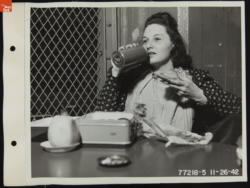 Ford Motor Company Employee Eats Thanksgiving Dinner on the Job at the Highland Park Plant, November 1942