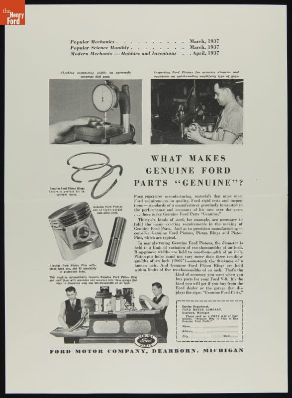 "What Makes Genuine Ford Parts 'Genuine'?" Advertisement, circa 1937
